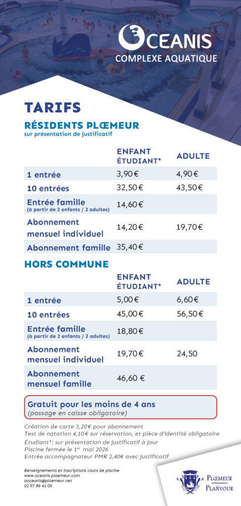 plaquette des tarifs de la piscine Océanis 2026