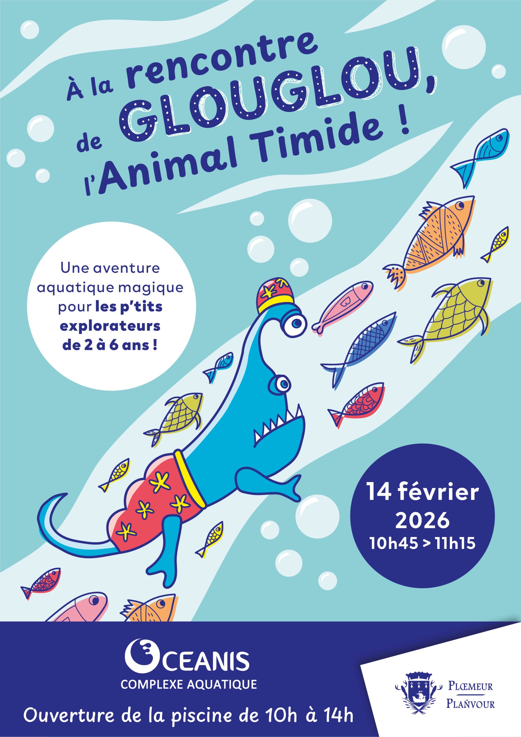 Affiche "à la rencontre de Glou Glou, l'animal timide" - Piscine Océanis le 14 février 2026